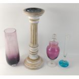 Three pieces of colourful glass to include a Caithness glass style vase standing 23cm high, an