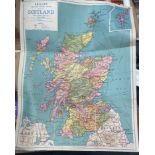 VINTAGE PHILIPS colourful sectional small school-room map of Scotland hessian backed - dimensions