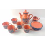 A retro orange and blue trimmed coffee set for four in German pottery by SCHRAMBERG TIVOLI