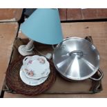 A mixed box to include a table lamp with blue shade, large aluminium soup pot and a shallow wicker
