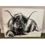 JOHNSTON artist canvas with a resting Highland Coo - all in black and white - dimensions 40" x 30"