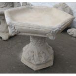 A floral style stonework birdbath with hexagonal top in 2 pieces 47cm dia x 43cmH - brand new item