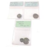 ANCIENT GREECE - Four silver coins including TETRADRACHM with head of PALLAS and owl on reverse,