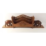 A pair of wooden elephant bookends each 18x18cm along with a wooden 2 tier bill/letter rack 30x17cm