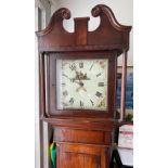 VICTORIAN c1880 mahogany cased Grandfather clock with painted rural scene on the clockface, with