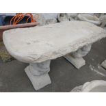 A stonework garden bench on squirrel plinths with timber style seat 100cmW x 39D x 44H - brand new