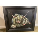 Original artwork on canvas by JOHNSTON with a colourful Highland Coo on a black background - frame