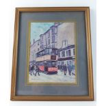 A pencil and watercolour framed Glasgow tram scene signed bottom left-hand corner B