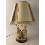 A figural table lamp with a pretty group depicting an apple seller with lady on a heavy slate like