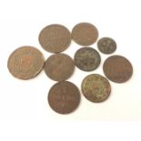 A collection of 19th century copper coins to include two PIUS IX one soldo coins, an 1866