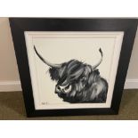 A JOHNSTON signed cow with horns painting on board - dimensions frame 55cm square approx