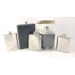 Five 7oz hip flasks, two encased in leather, one embossed JACK DANIELS, one by EDWIN BLYDE with