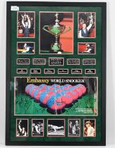 This framed presentation is signed by many of the snooker greats from the 2001 World Championships