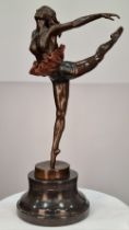 A bronze casting of a Ballet Dancer with coloured detail on solid marble base