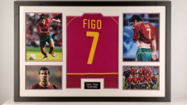 A framed presentation of the Portuguese football legend LUIS FIGO's match worn shirt