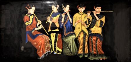 A fine detailed original painting of Chinese musicians which has been painted on to a ceramic plate