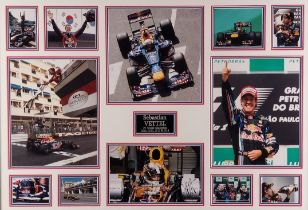 A framed presentation incorporating a signed photograph of the famous F1 driver SEBASTIAN VETTEL
