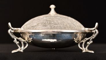 This very fine metal bowl is finely detailed with a crackle finished glass lid.