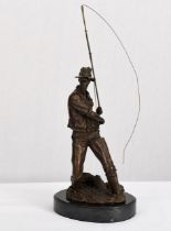 A solid bronze detailed sculpture of a fisherman on a solid black marble base.