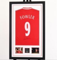 A framed Liverpool shirt which has been personally signed by ROBBIE FOWLER