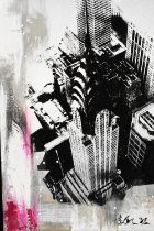 Unusual mixed media art on metal depicting New York skyline.