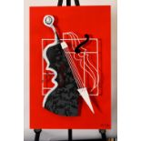 This modern art piece has a red gloss frame panel with metal instrument attached which have been