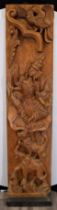 An original hand carved large teak wood panel depicting a goddess with animals Origin Thailand