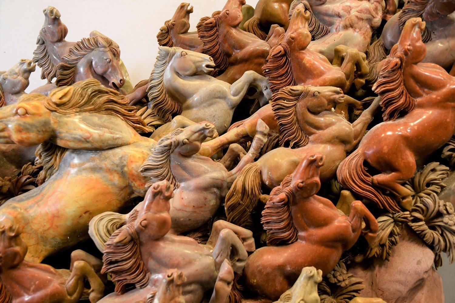 A unique very large finely detailed Chinese hand carved soapstone carving of 40 galloping horses - Image 6 of 13
