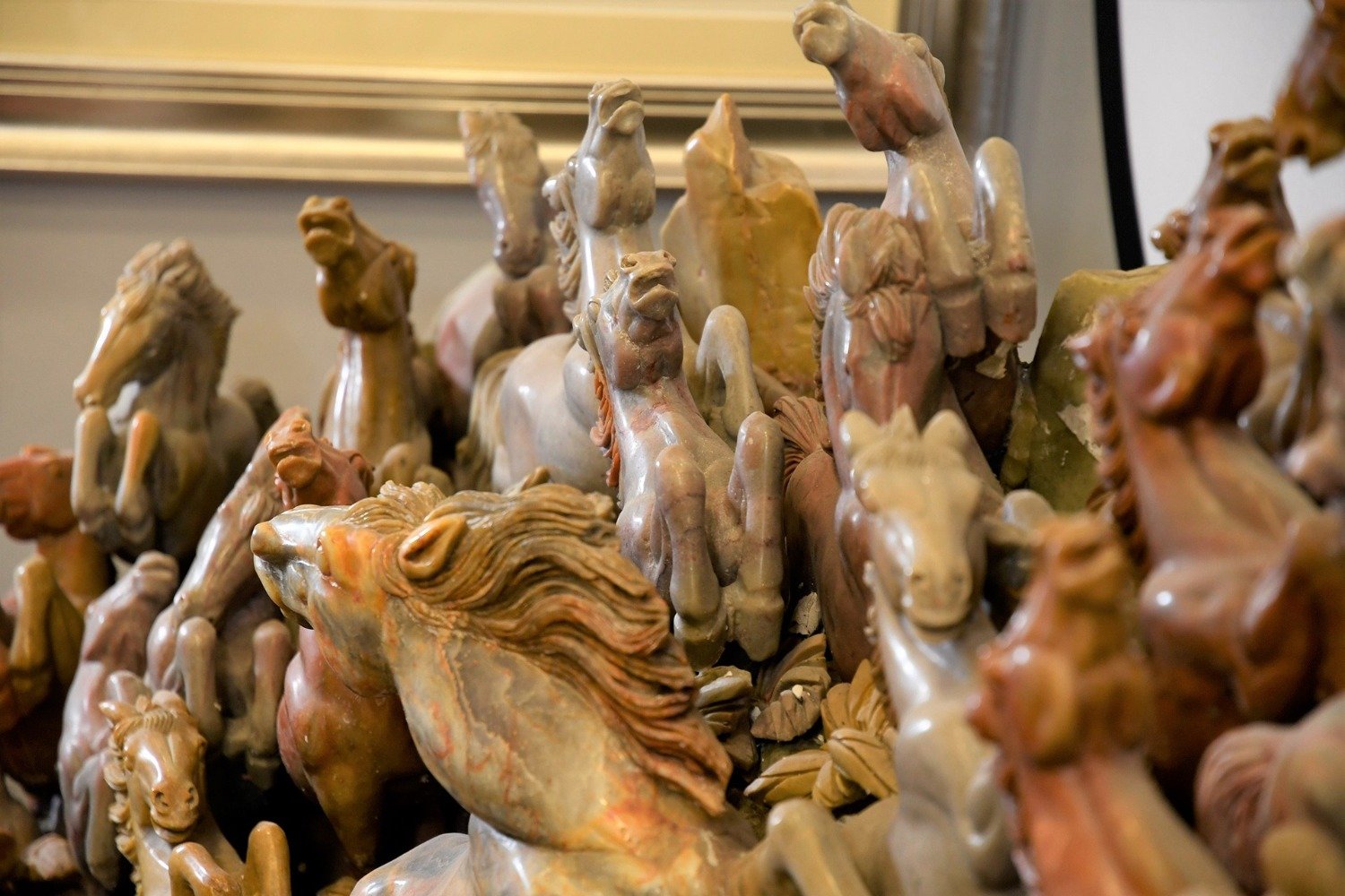 A unique very large finely detailed Chinese hand carved soapstone carving of 40 galloping horses - Image 12 of 13