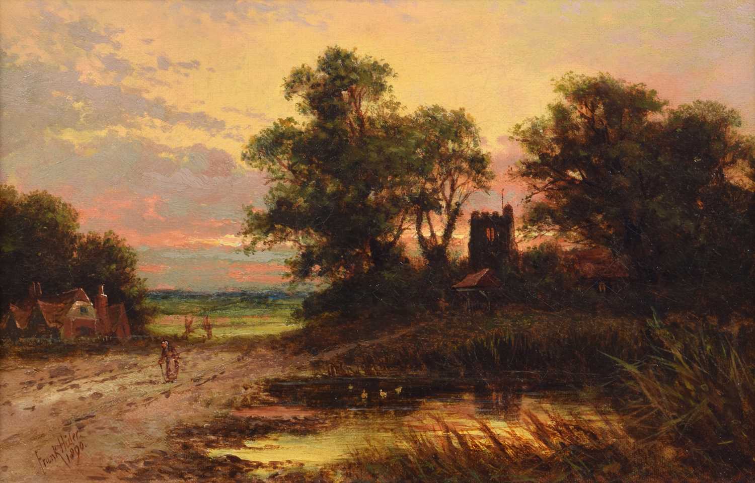 Frank Hider (British 1861-1933) Rural sunset with church and figure