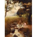 J.W. Mills (British 19th/20th century) Children playing in a stream