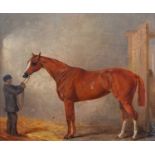 English School (19th century) Portrait of a standing chestnut horse and groom in a stable