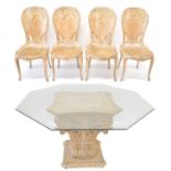 Painted pine single pedestal dining table and chairs