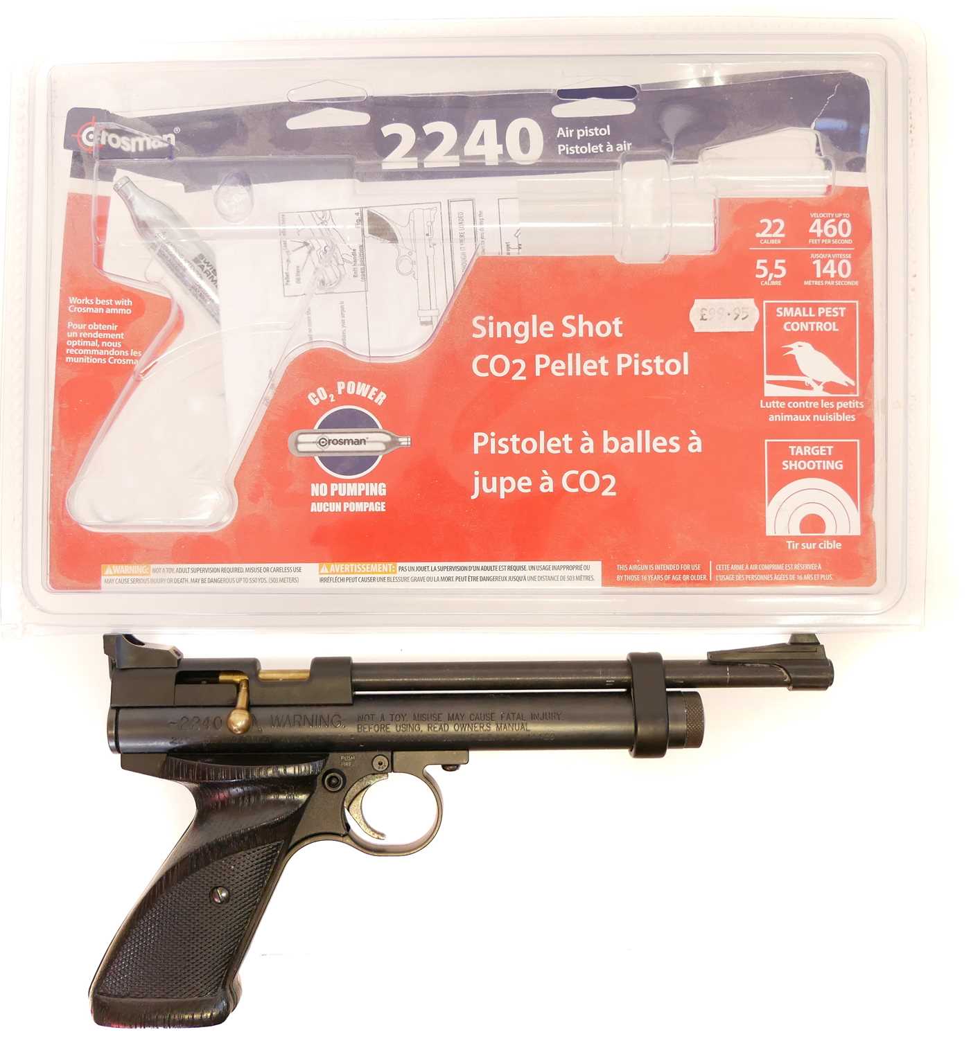 Crossman 2240 .22 CO2 Air Pistol with packaging and one CO2 canister