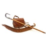 Good quality leather shotgun belt and cartridge bag, also a shooting stick.