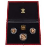 Elizabeth II, United Kingdom, 1990, Gold Proof Three Coin Collection, Royal Mint.