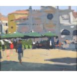 Ken Howard R.A. (British 1932-2022) Figures in a Market Square, Italy