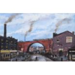 David Bez (British 20th/21st century) Northern street scene with viaduct