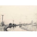 Theodore Major (British 1908-1999) Canal scene with telegraph poles