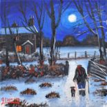 James Downie (British 1949-) Moonlit scene with figure and dog