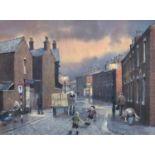 Tom Brown (British 1933-2017) Northern street scene with children playing football