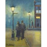 Charles M. Jones (British 1923-2008) A lamplit street scene with figures