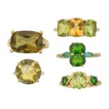 Five 9ct gold gem-set dress rings,