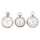 Three silver open face pocket watches,