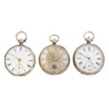 Three Victorian silver open face pocket watches,