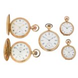Five gold plated pocket watches,