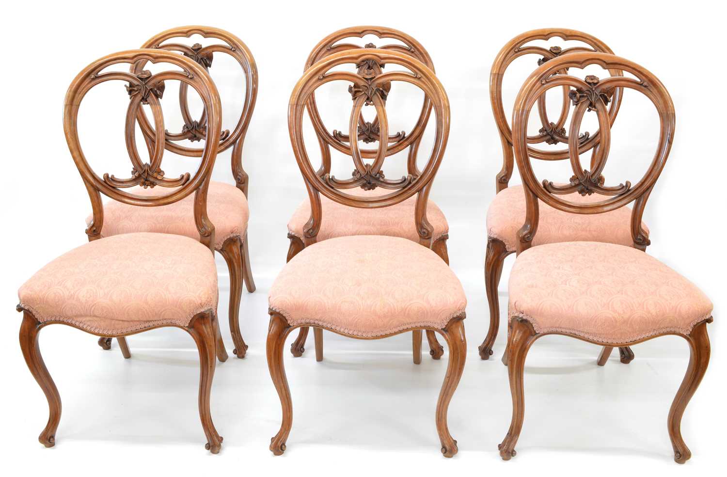 Set of Six Victorian Walnut Framed Balloon Back Dining Chairs