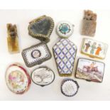 Collection of enamel snuff boxes and carved hardstone