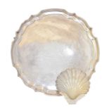 A silver salver and shell dish,