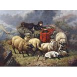 Henri de Beul (Belgian 1845-1900) Highland scene with sheep, watchful dogs and approaching shepherd